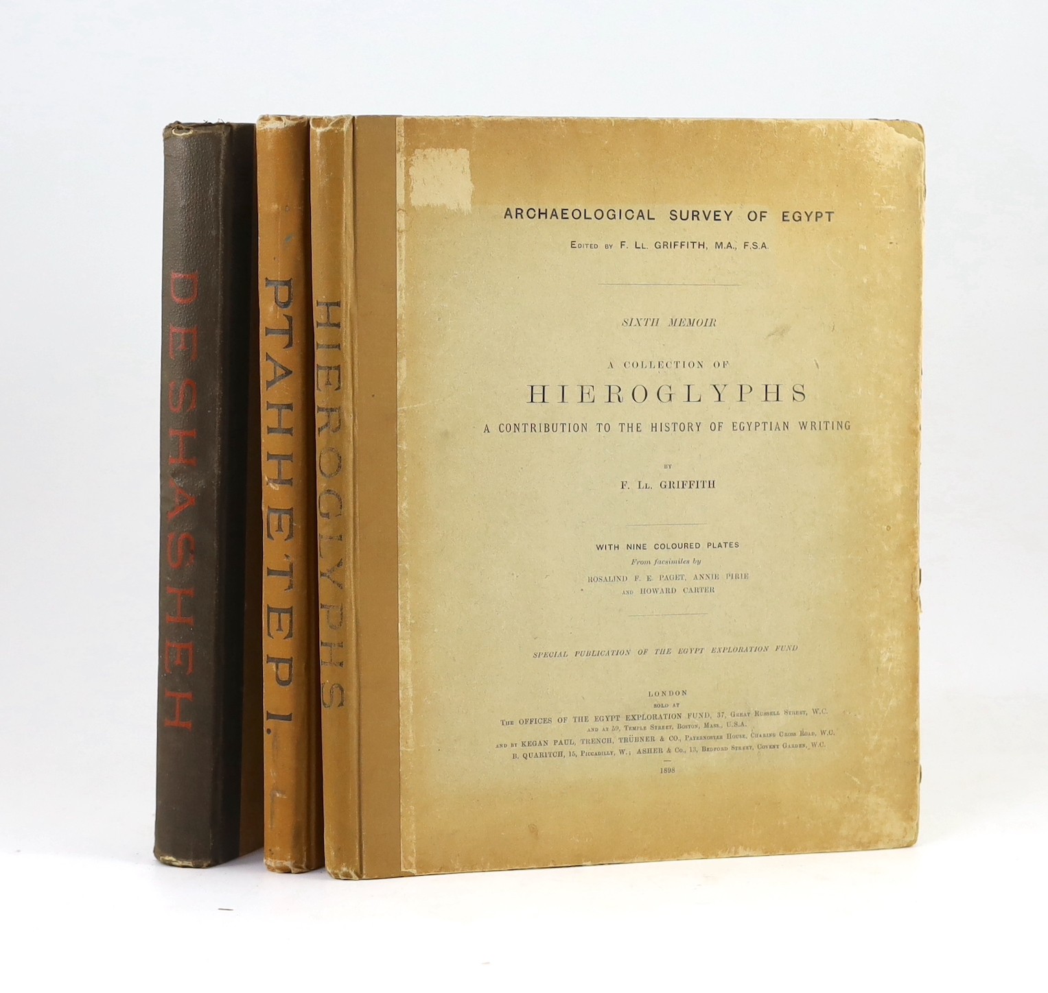 Archaeological Survey of Egypt - Sixth Memoir: A collection of Hieroglyphs, by F.Llewellyn Griffith. 9 coloured plates; publisher's cloth-backed printed boards, 4to. 1898; Archaeological Survey of Egypt - Eighth Memoir: